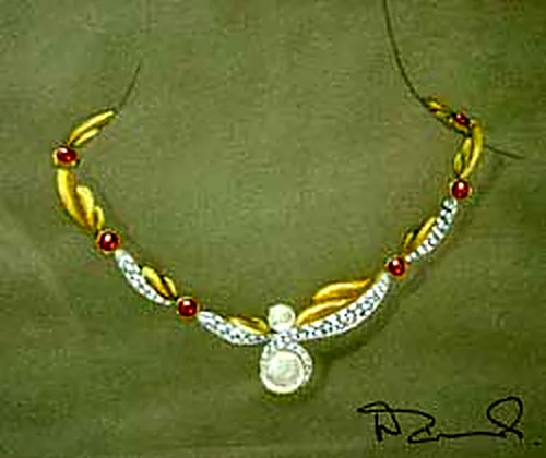 Walter's signed sketch of a gold leaf necklace with diamonds and rubies