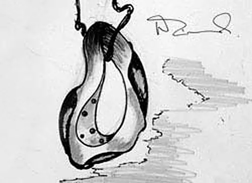 Ink sketch of a free-form pendant with set stones, signed by Walter
